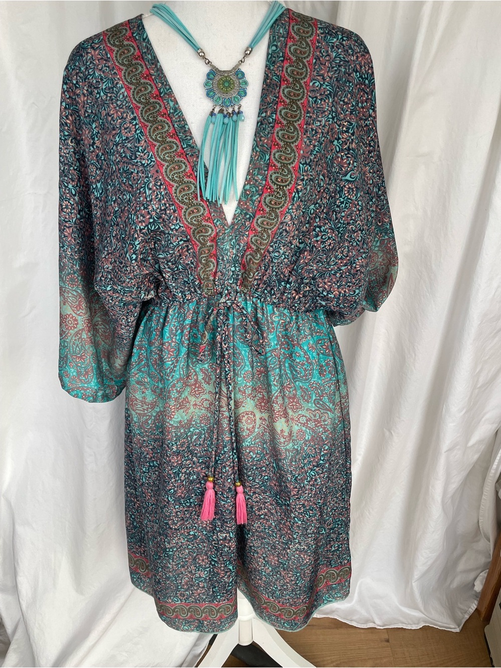 Boho V-Neck Teal Paisley Midi Dress with Tassel Drawstring